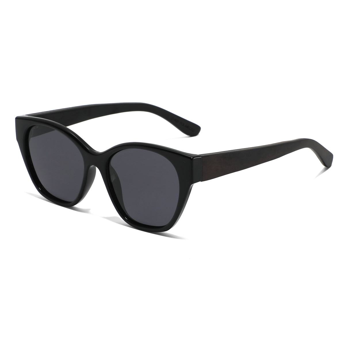 Spektaria Sunglasses with grey lenses, black frame and wooden arms by Spek Eyewear.