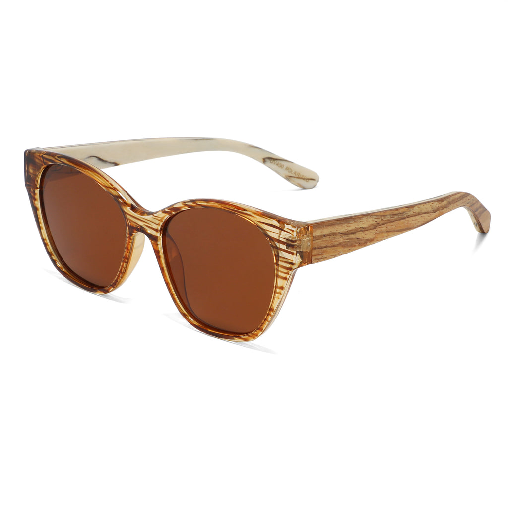 Spektaria Sunglasses with bown lenses, tortoise shell frame and wooden arms by Spek Eyewear.