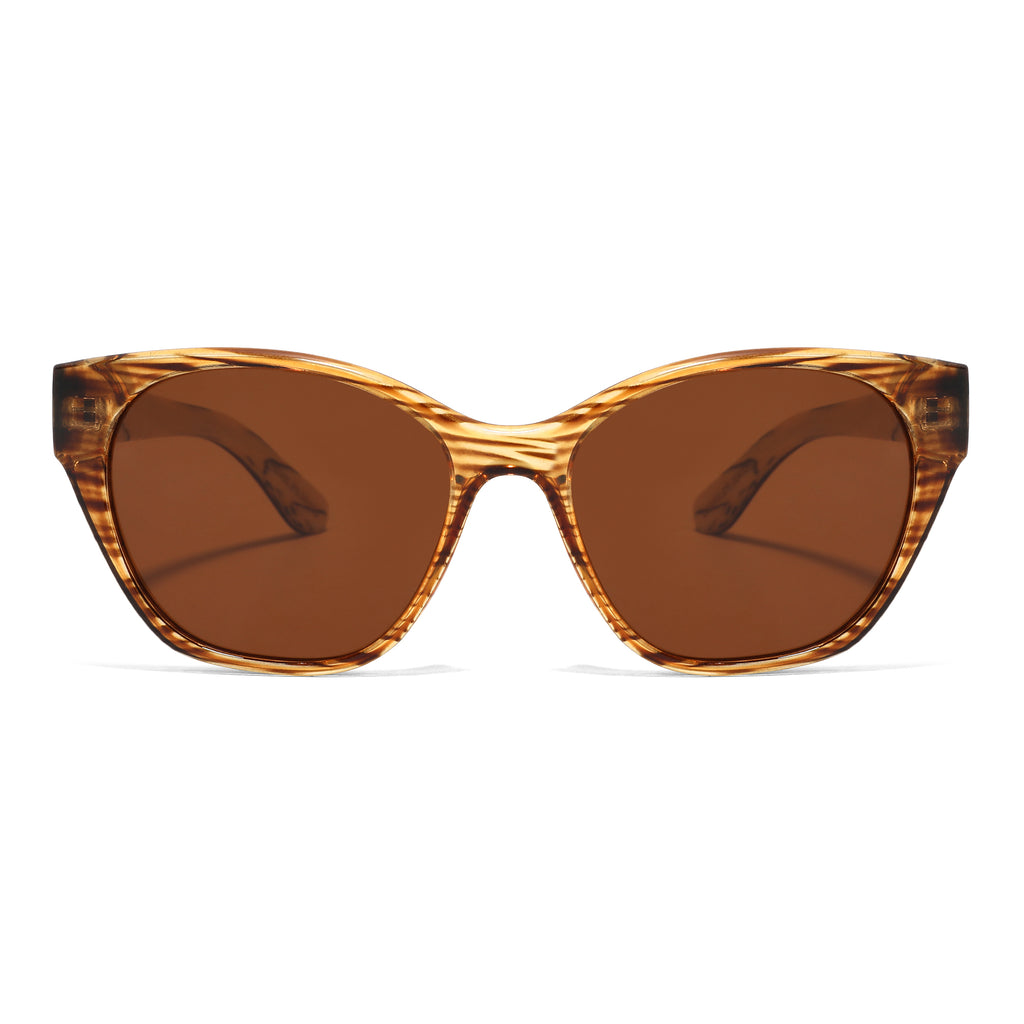 Spektaria Sunglasses with bown lenses, tortoise shell frame and wooden arms by Spek Eyewear.