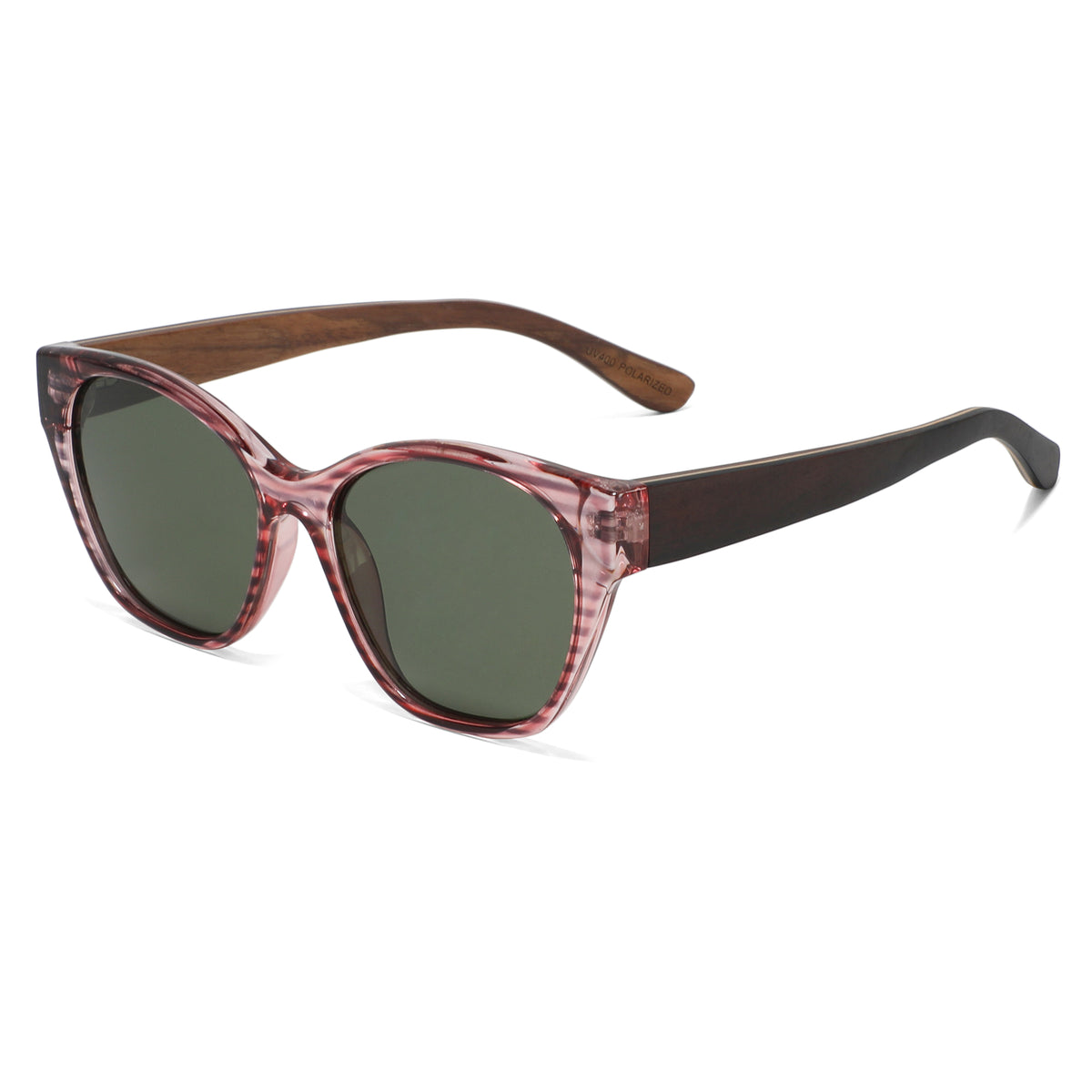 Spektaria Sunglasses with green lenses, pink zebra frame and wooden arms by Spek Eyewear.