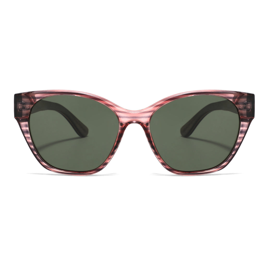 Spektaria Sunglasses with green lenses, pinkish red zebra frame and wooden arms by Spek Eyewear.