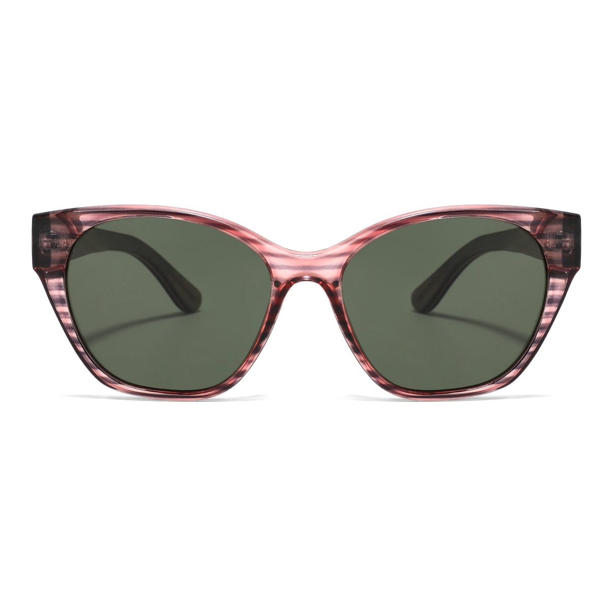 Spektaria Sunglasses with green lenses, pinkish red zebra frame and wooden arms by Spek Eyewear.