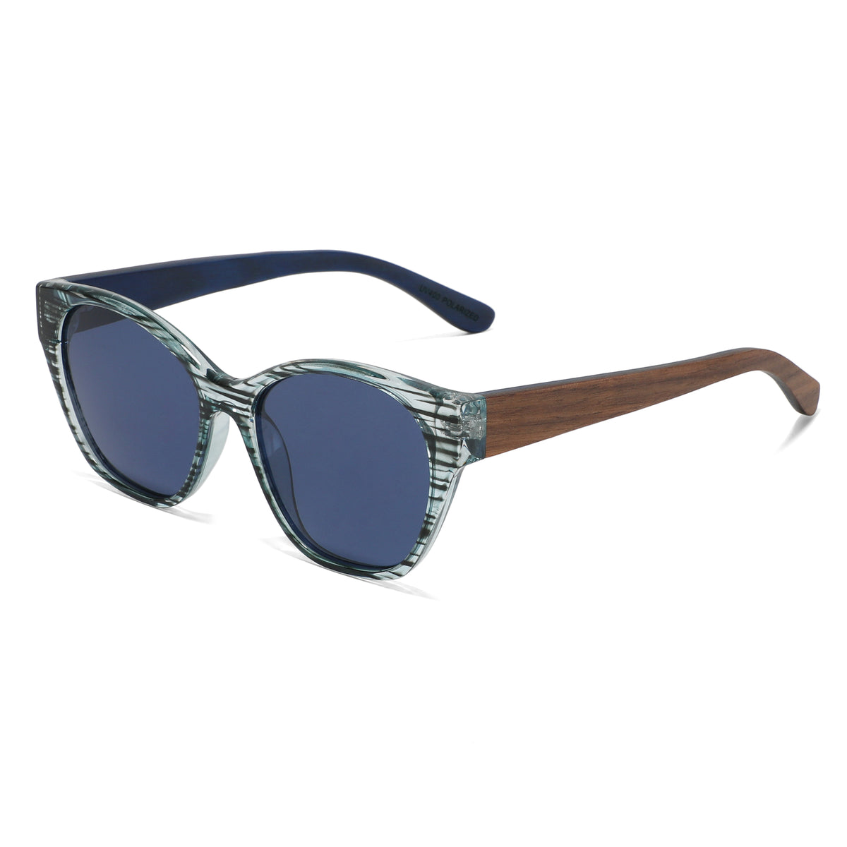 Spektaria Sunglasses with blue lenses, blue zebra frame and wooden arms by Spek Eyewear.