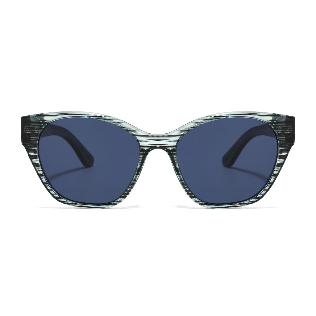 Spektaria Sunglasses with blue lenses, blue zebra frame and wooden arms by Spek Eyewear.