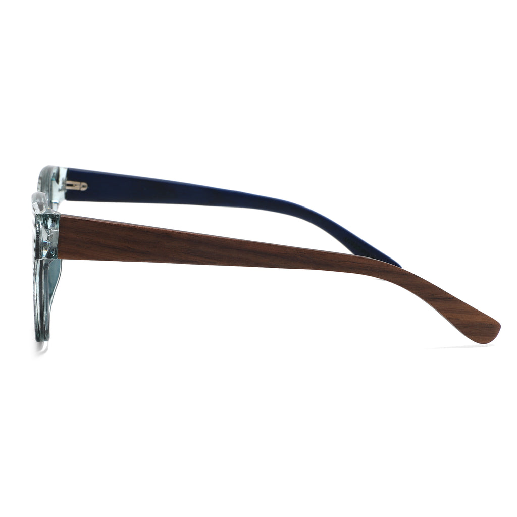 Spektaria Sunglasses with blue lenses, blue zebra frame and wooden arms by Spek Eyewear.