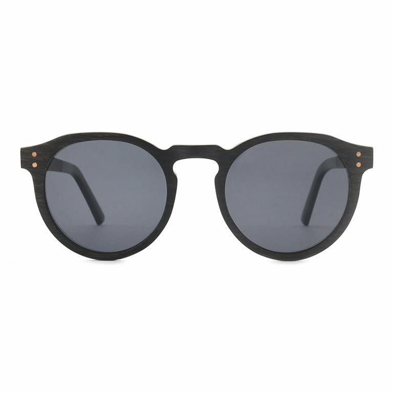 Conspek Sunglasses with grey lenses, wooden frame and acetate tip arms by Spek Eyewear.
