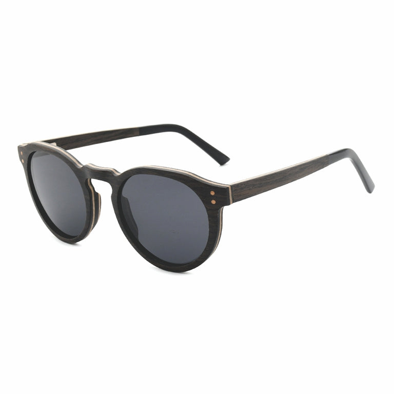 Conspek Sunglasses with grey lenses, wooden frame and acetate tip arms by Spek Eyewear.