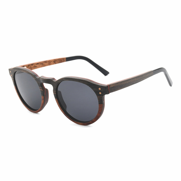 Conspek Sunglasses with grey lenses, wooden two-tone frame and acetate tip arms by Spek Eyewear.