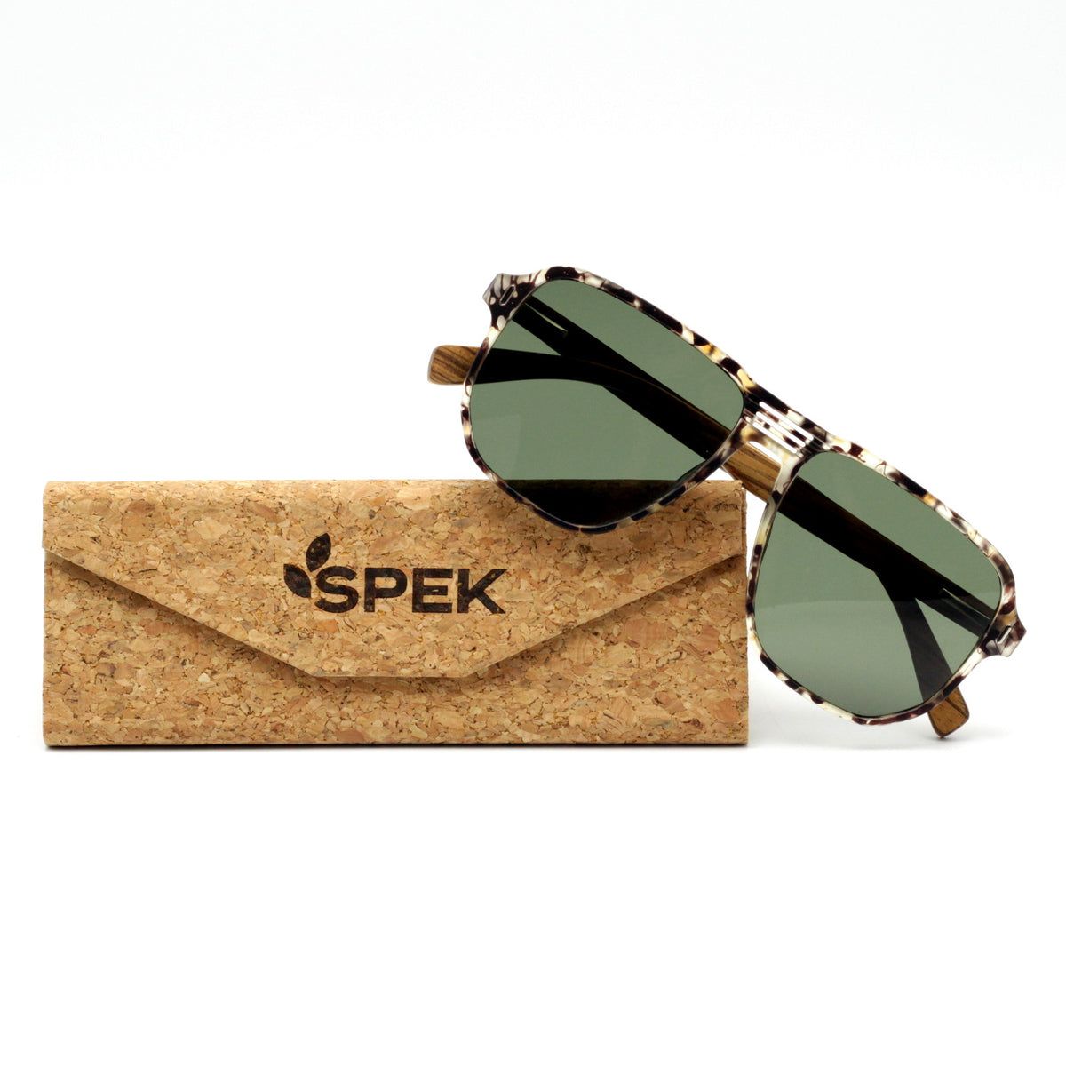 ASPEK Brown Tortoiseshell Frame with zebrawood arms and a G15 green polarized lens. Free Cork Case. Make them yours: Personalize with your name.