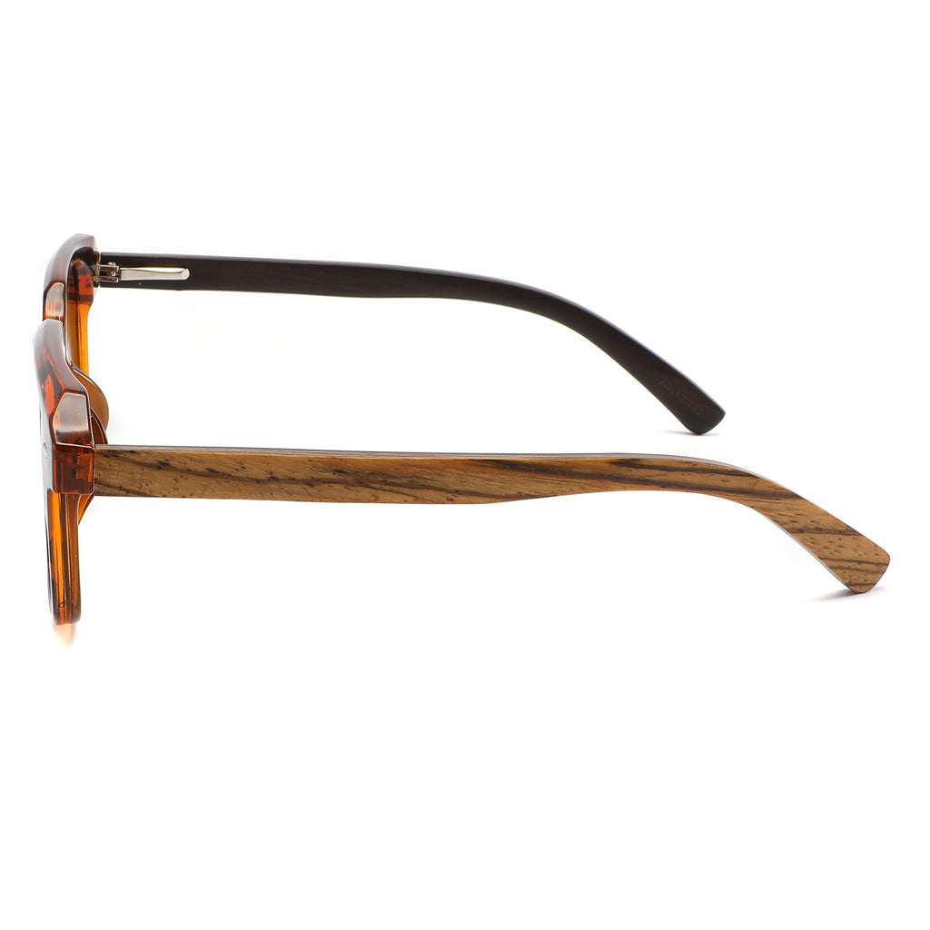 Intospek Sunglasses with brown lenses, tortoise shell frame and wooden arms by Spek Eyewear.