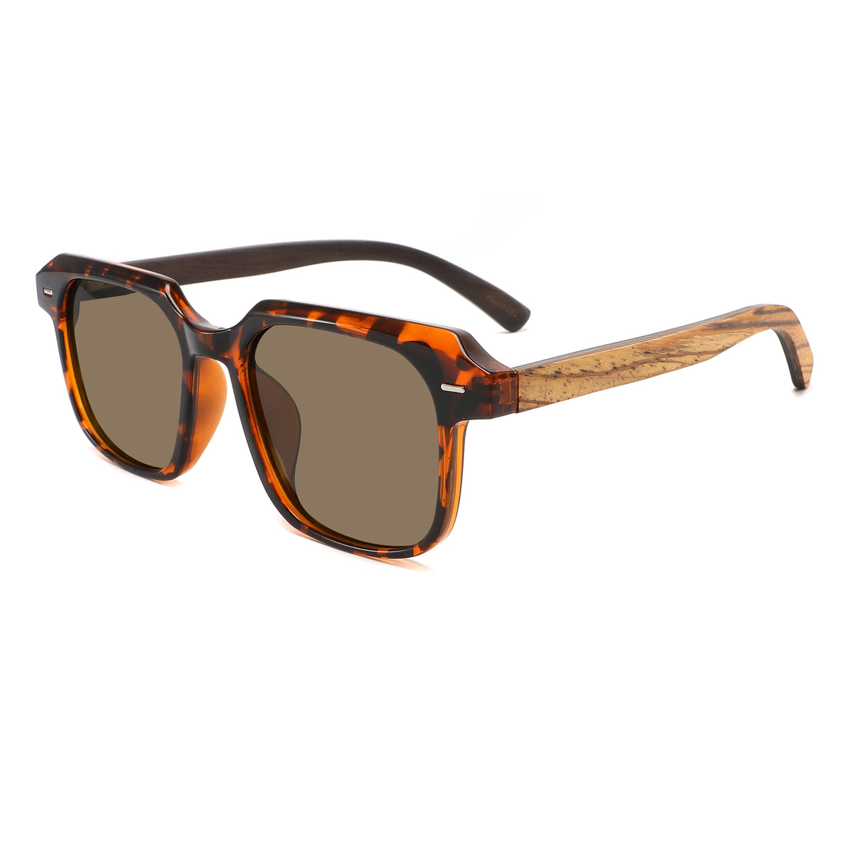 Intospek Sunglasses with brown lenses, tortoise shell frame and wooden arms by Spek Eyewear.