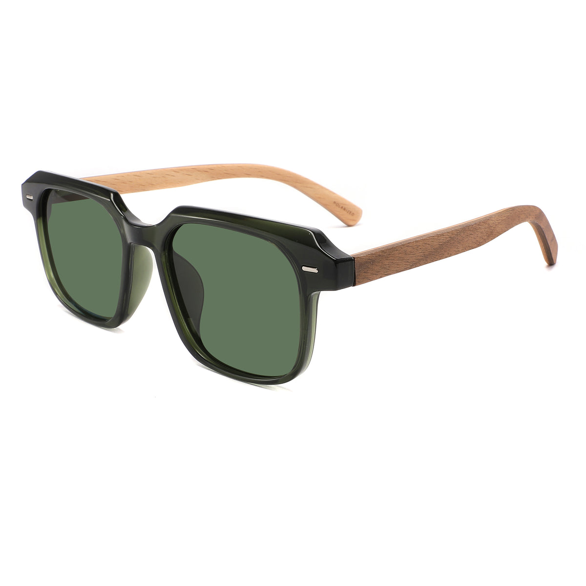 Intospek Sunglasses with green lenses, green frame and wooden arms by Spek Eyewear.
