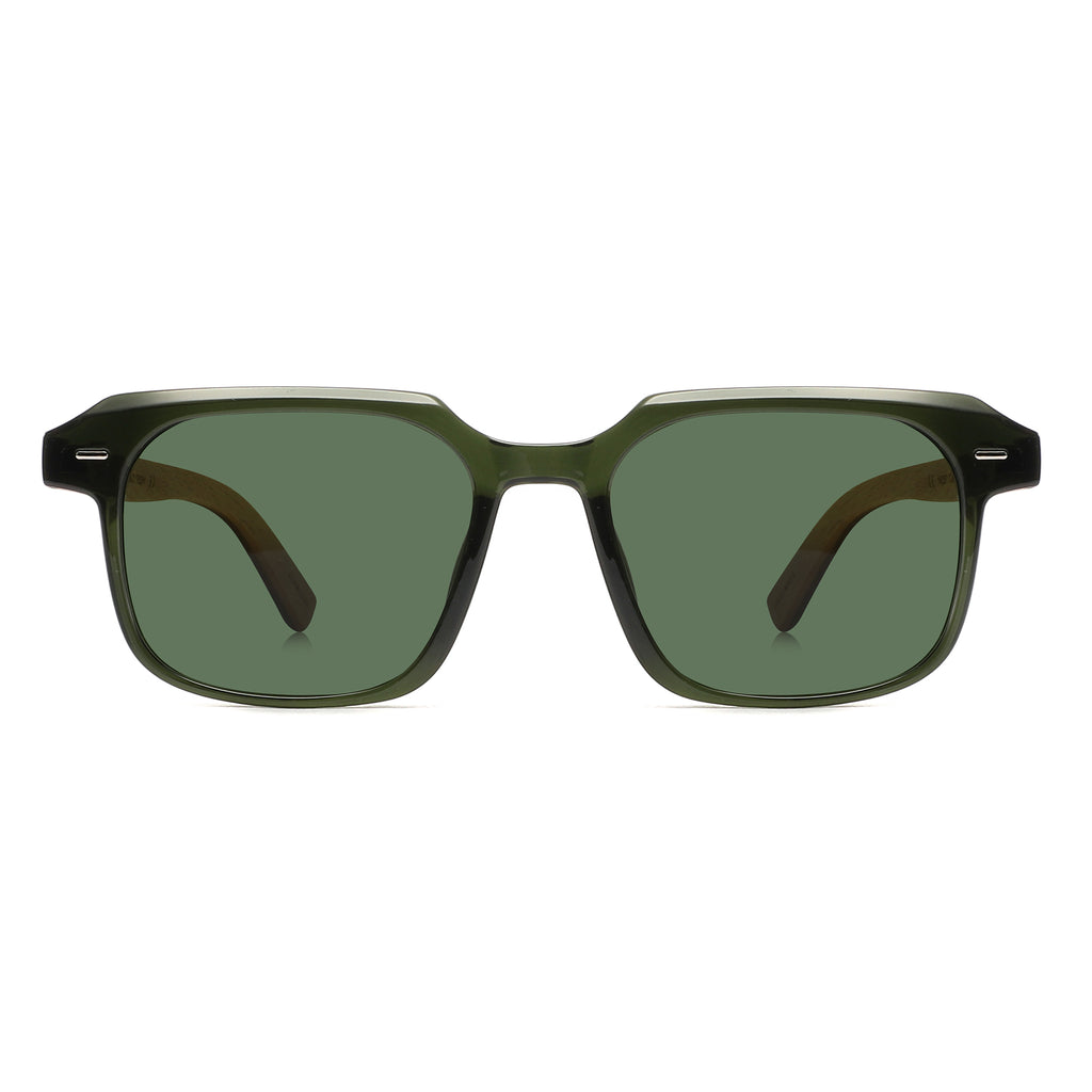Intospek Sunglasses with green lenses, green frame and wooden arms by Spek Eyewear.