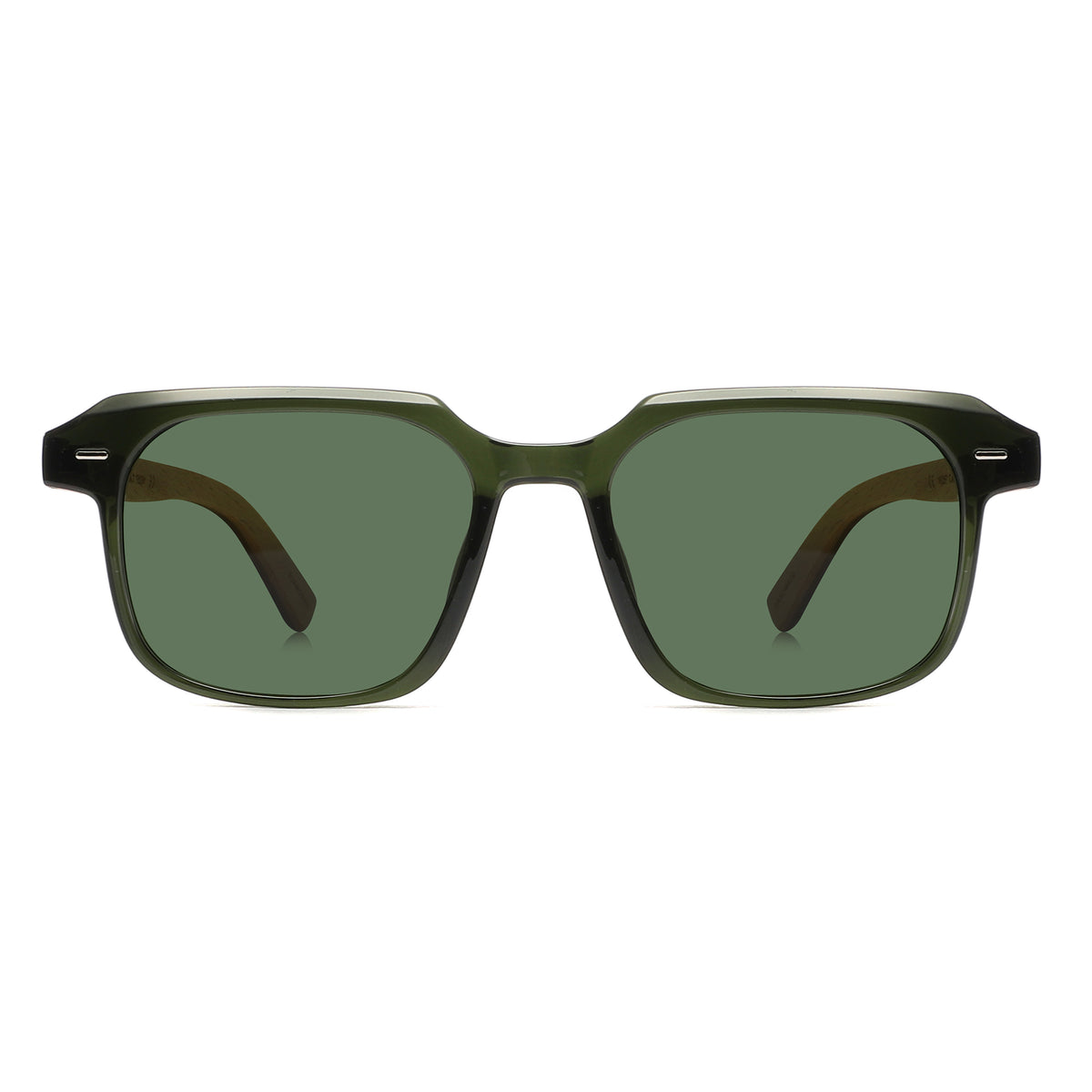 Intospek Sunglasses with green lenses, green frame and wooden arms by Spek Eyewear.