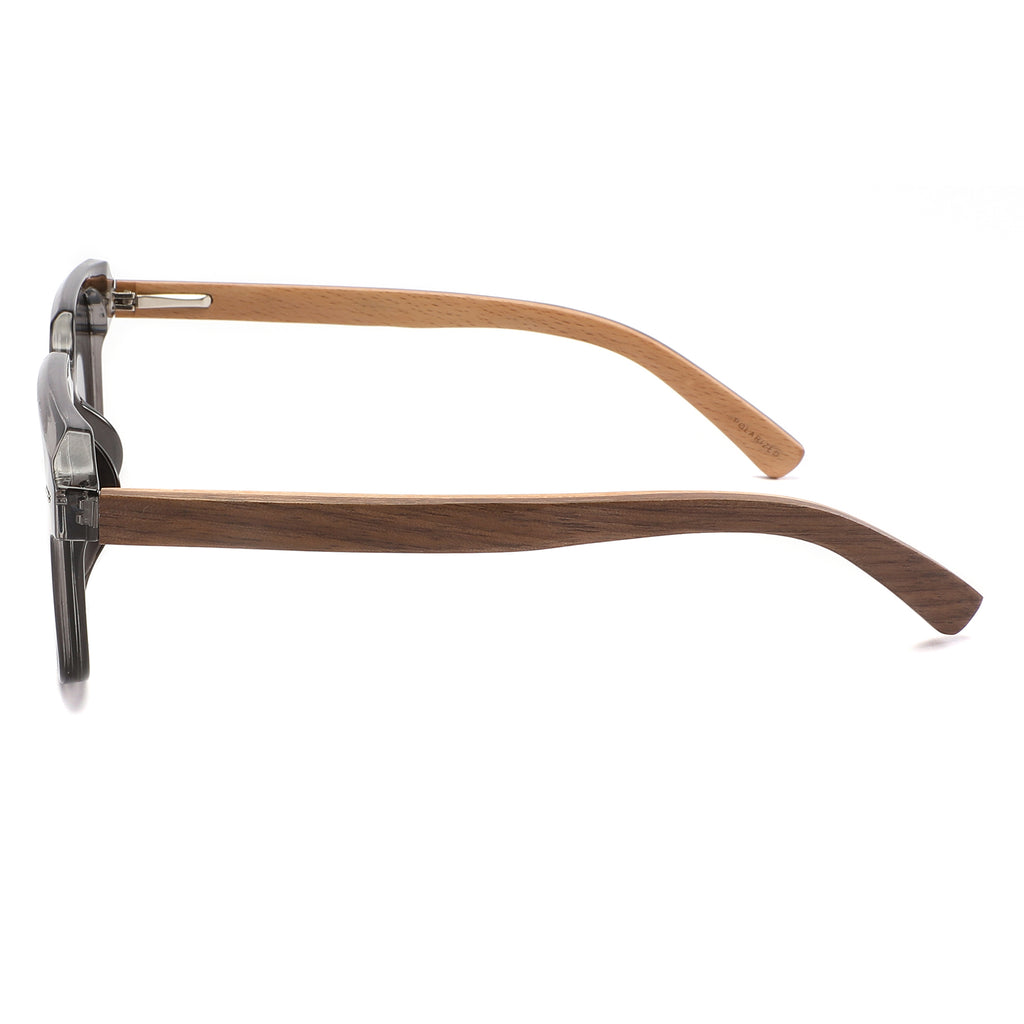 Intospek Sunglasses with grey lenses, grey opaque frame and wooden arms by Spek Eyewear.