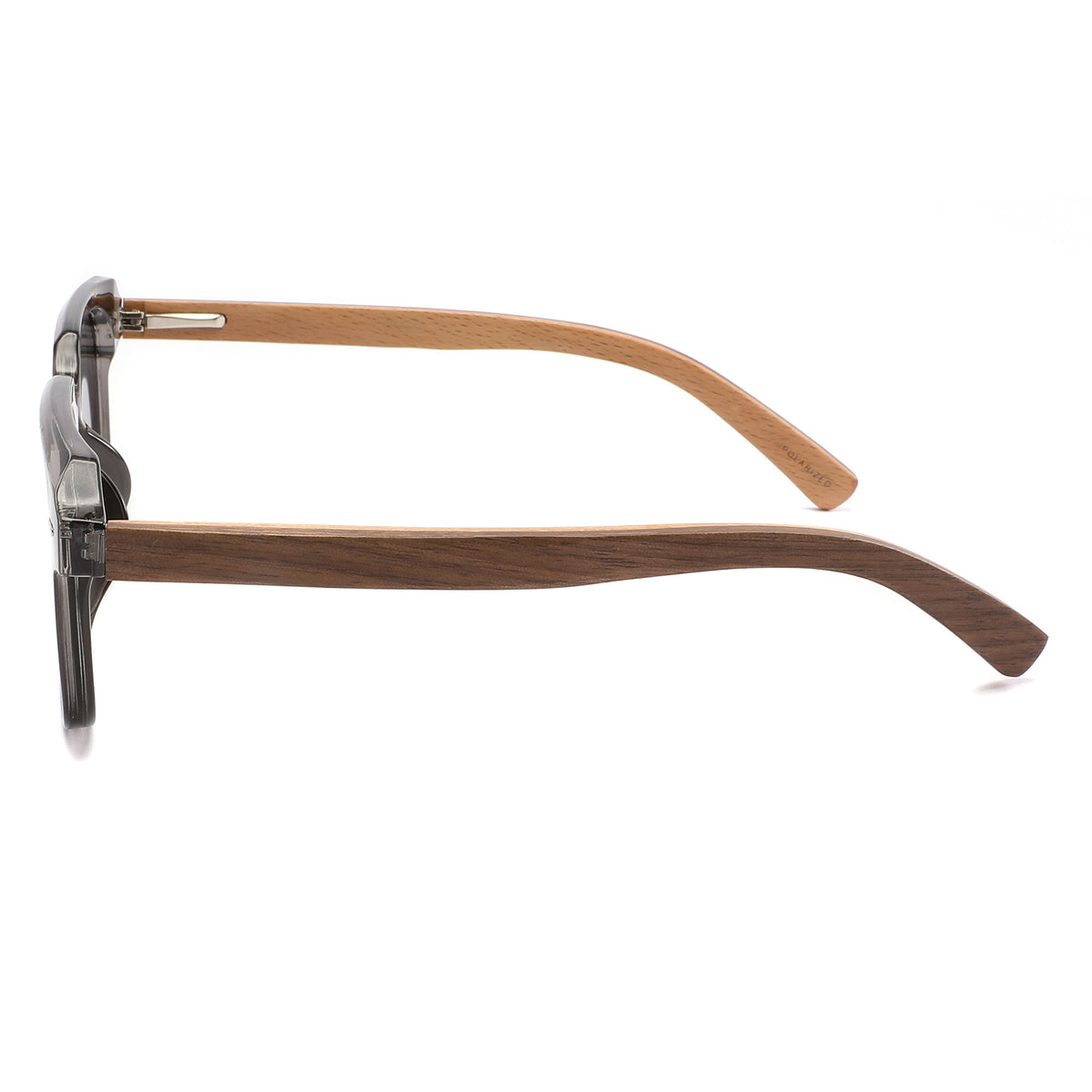 Intospek Sunglasses with grey lenses, grey opaque frame and wooden arms by Spek Eyewear.