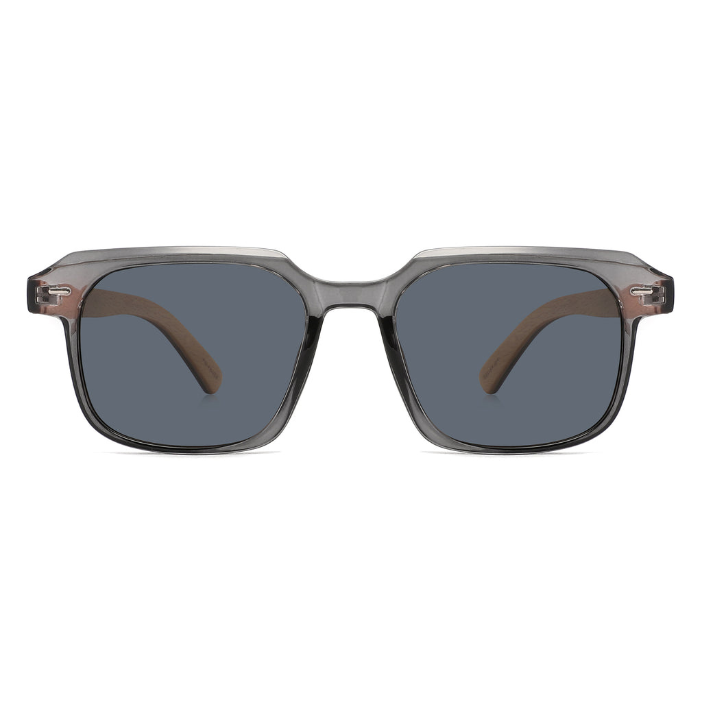 Intospek Sunglasses with grey lenses, grey opaque frame and wooden arms by Spek Eyewear.