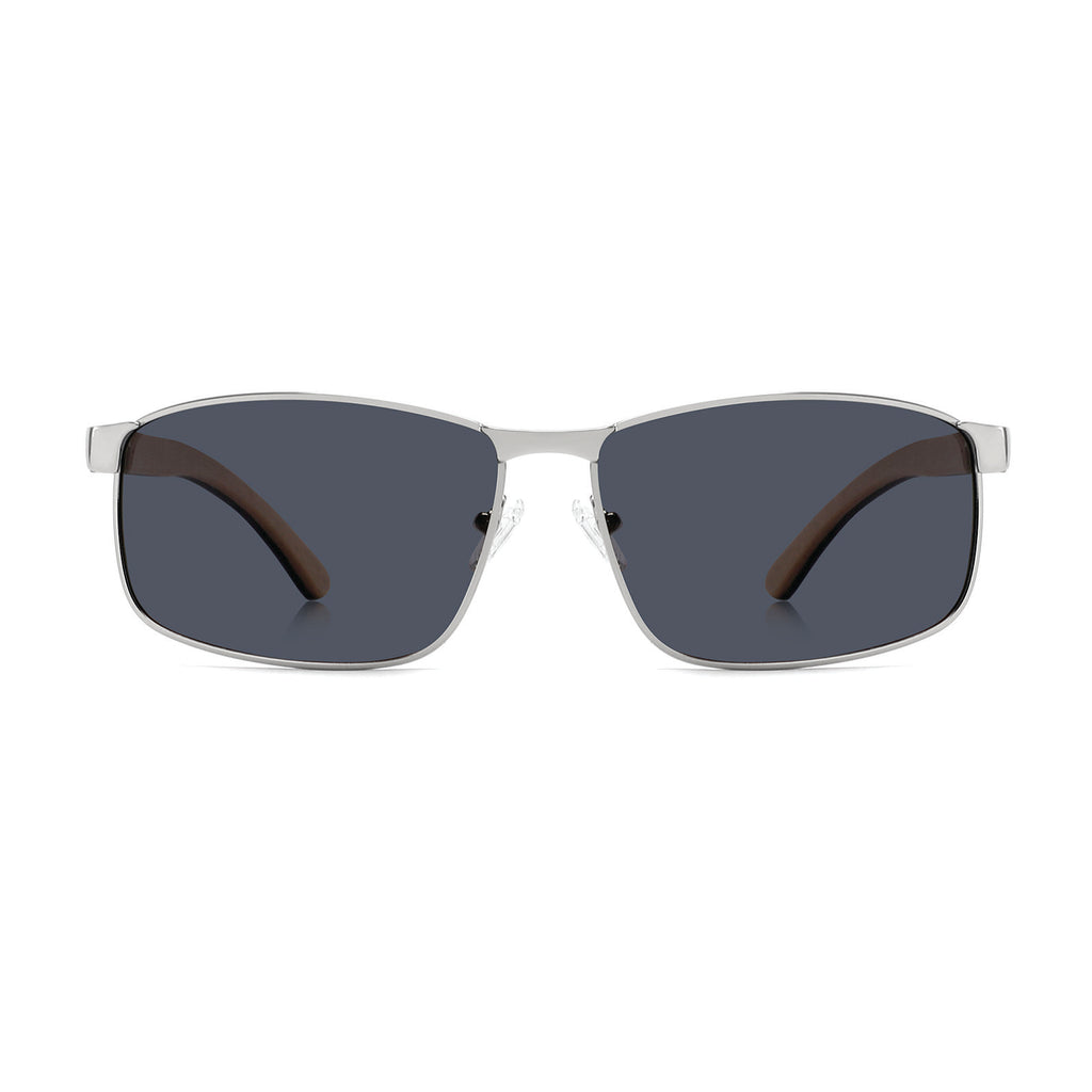 Spektator Sunglasses with grey polarized lenses, silver frame and wooden arms by Spek Eyewear.