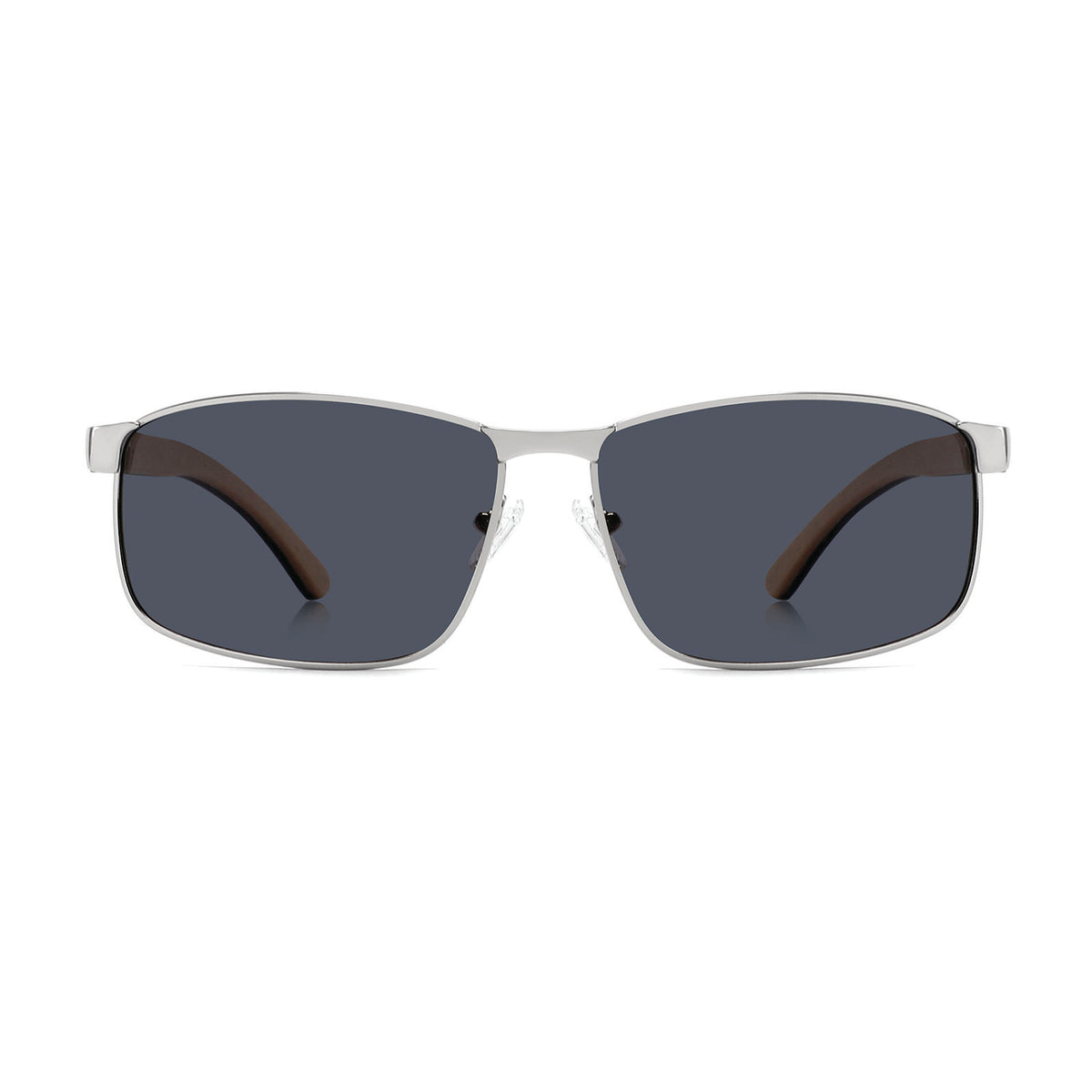 Spektator Sunglasses with grey polarized lenses, silver frame and wooden arms by Spek Eyewear.