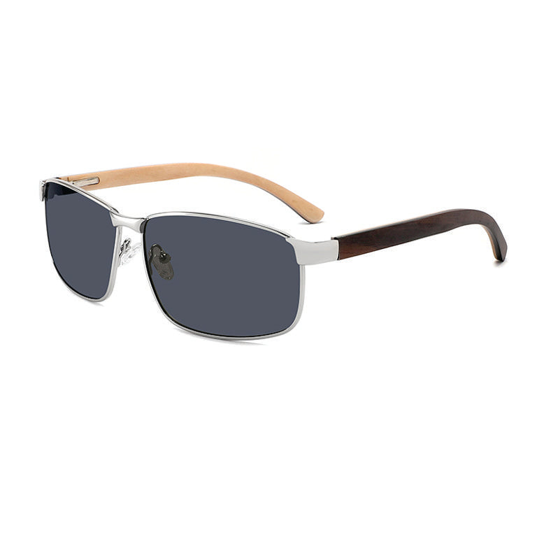 Eco-friendly sunglasses with grey polarized lenses, silver frame and wooden arms