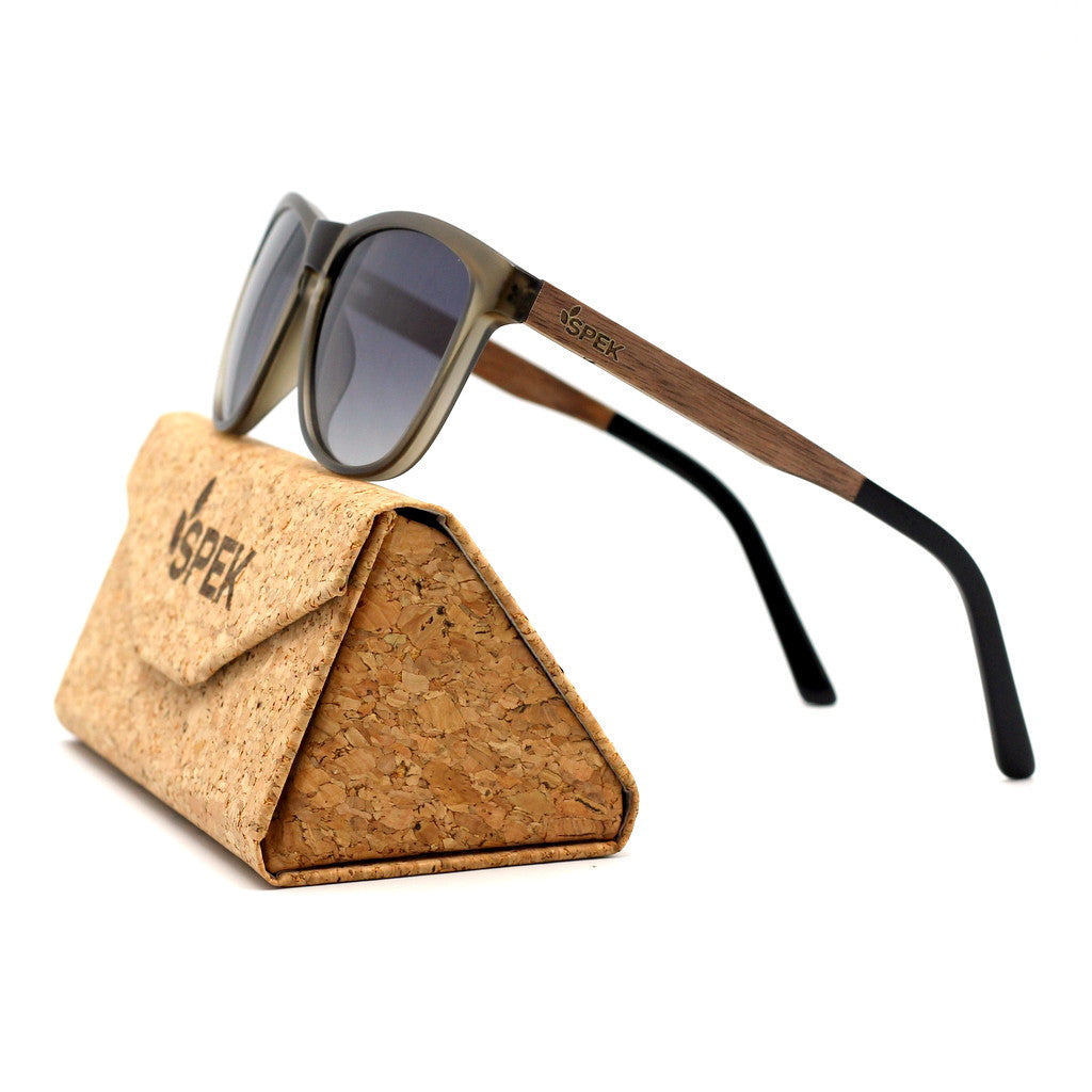 Spektura Sunglasses with ombre lenses, green opaque frame and wooden arms by Spek Eyewear.