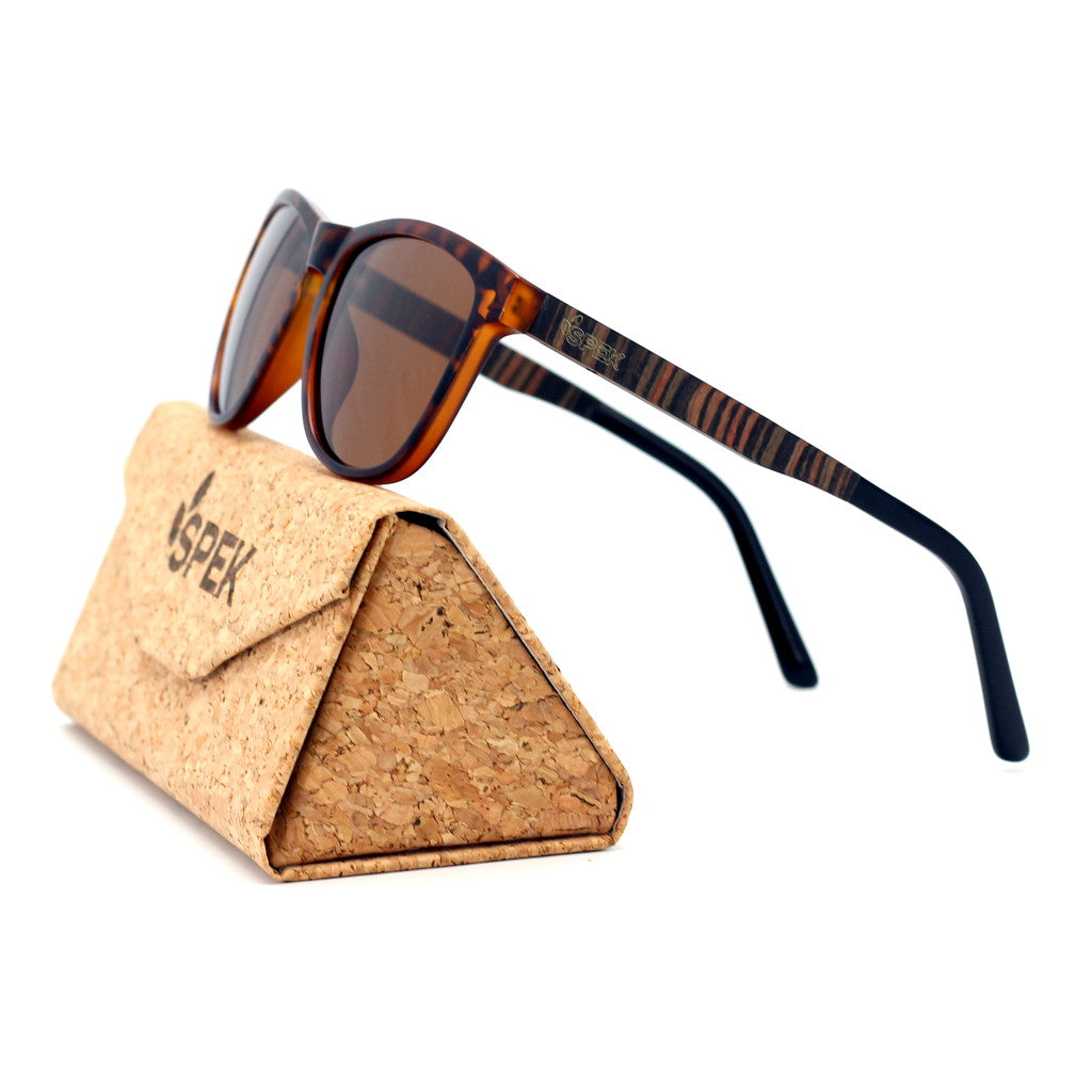 Spektura Sunglasses with brown lenses, tortoise shell frame and wooden arms by Spek Eyewear.