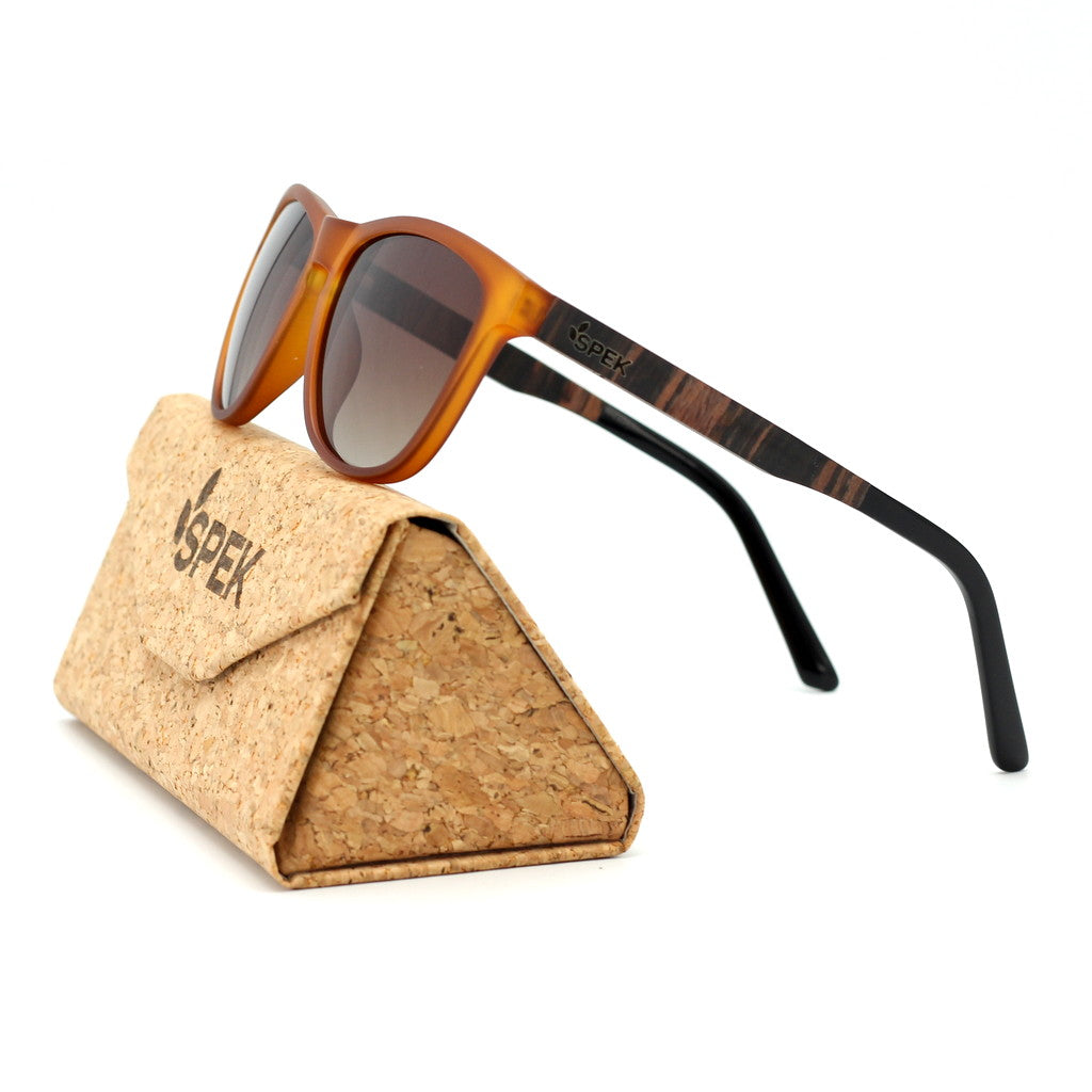 Spektura Sunglasses with brown lenses, brown opaque frame and wooden arms by Spek Eyewear.