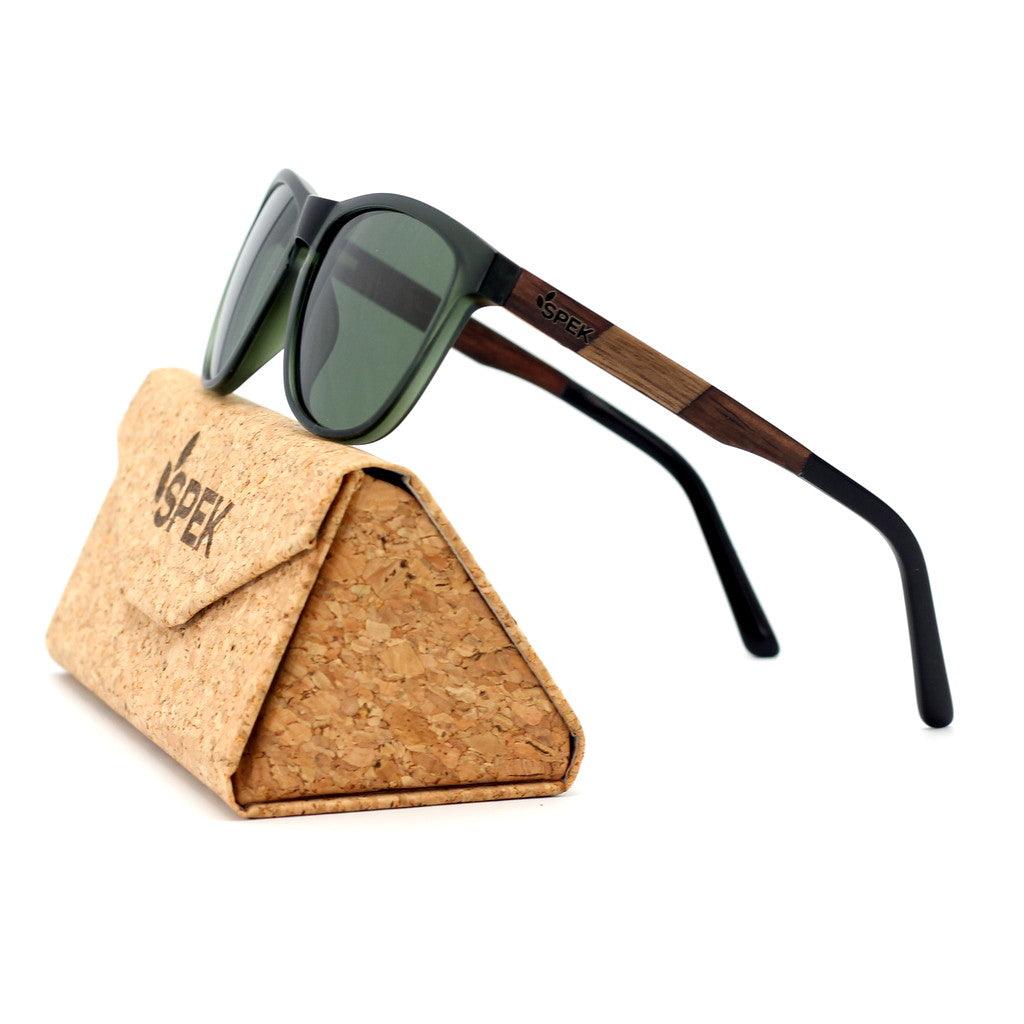 Spektura Sunglasses with green lenses, green frame and wooden arms by Spek Eyewear.