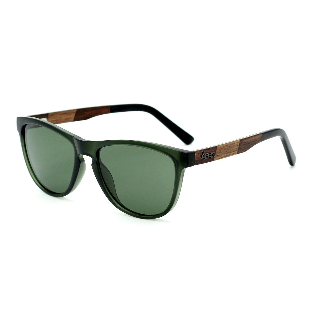 Spektura Sunglasses with green lenses, green frame and wooden arms by Spek Eyewear.