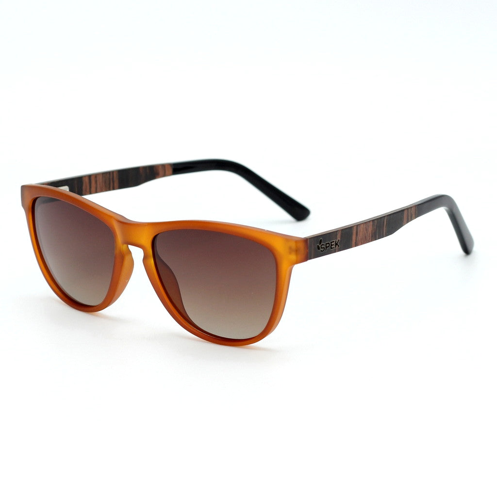 Spektura Sunglasses with brown lenses, brown opaque frame and wooden arms by Spek Eyewear.