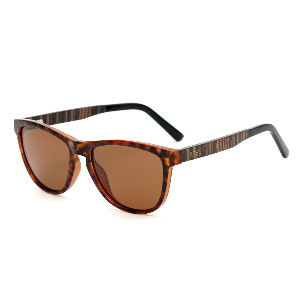 Spektura Sunglasses with brown lenses, tortoise shell frame and wooden arms by Spek Eyewear.