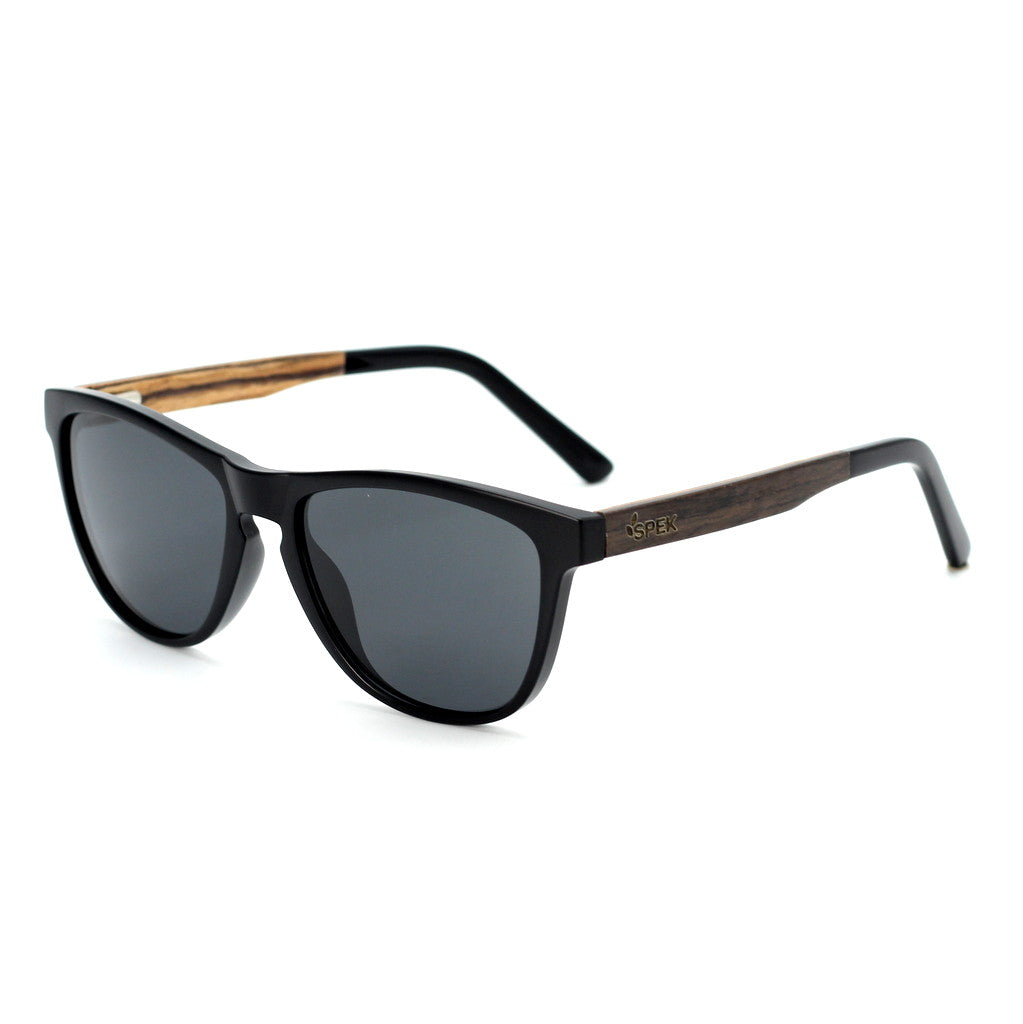 Spektura Sunglasses with grey lenses, black frame and wooden arms by Spek Eyewear.