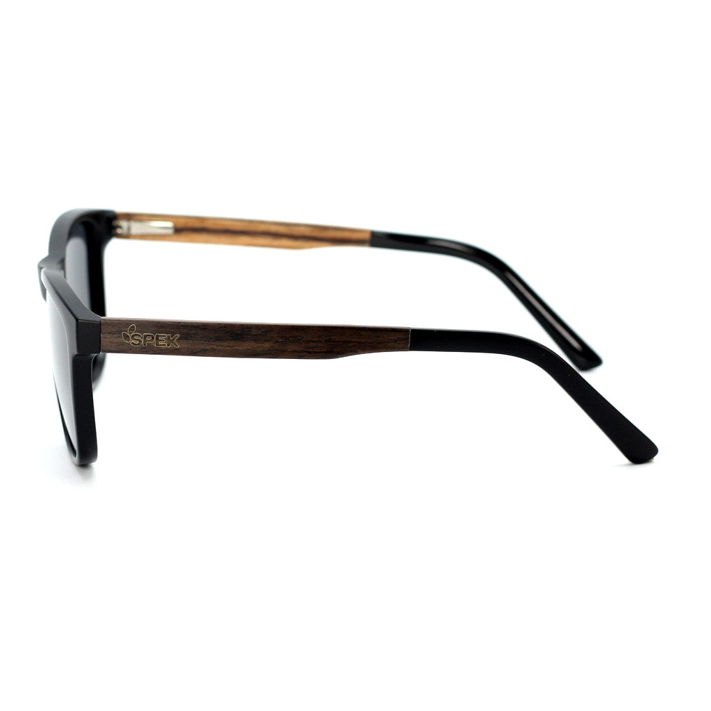 Spektura Sunglasses with grey lenses, black frame and wooden arms by Spek Eyewear.