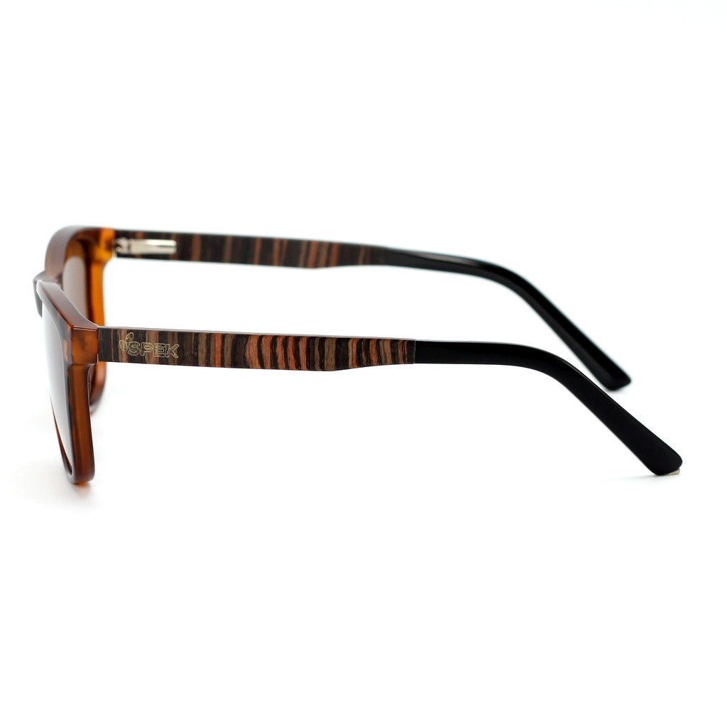 Spektura Sunglasses with brown lenses, tortoise shell frame and wooden arms by Spek Eyewear.