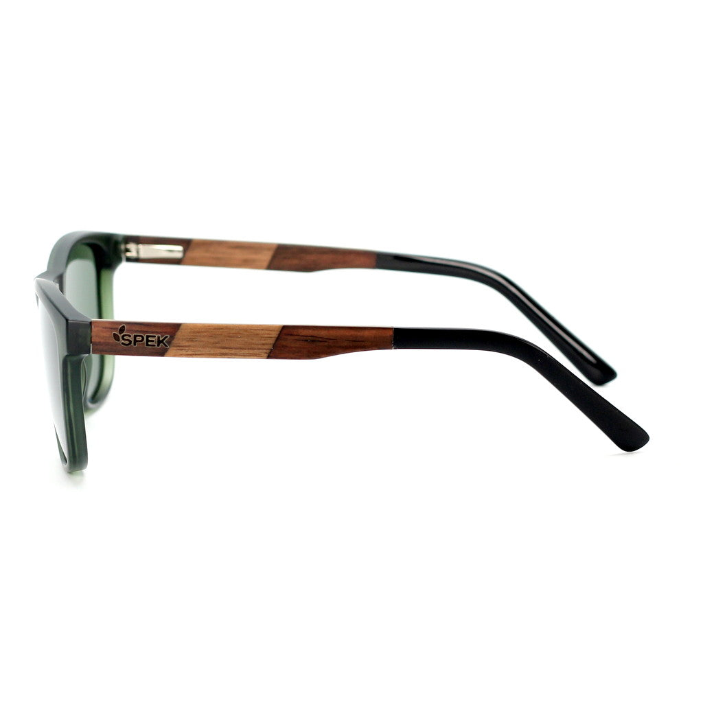 Spektura Sunglasses with green lenses, green frame and wooden arms by Spek Eyewear.