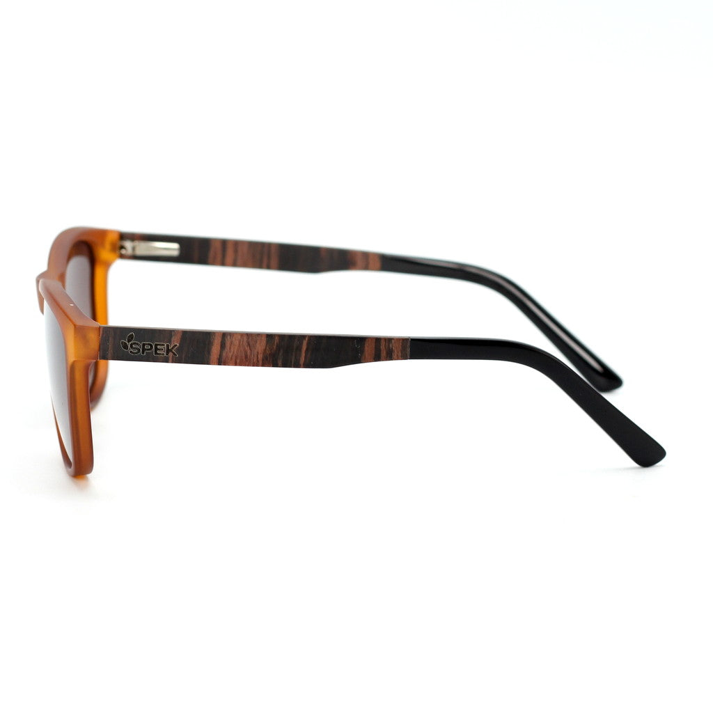 Spektura Sunglasses with brown lenses, brown opaque frame and wooden arms by Spek Eyewear.