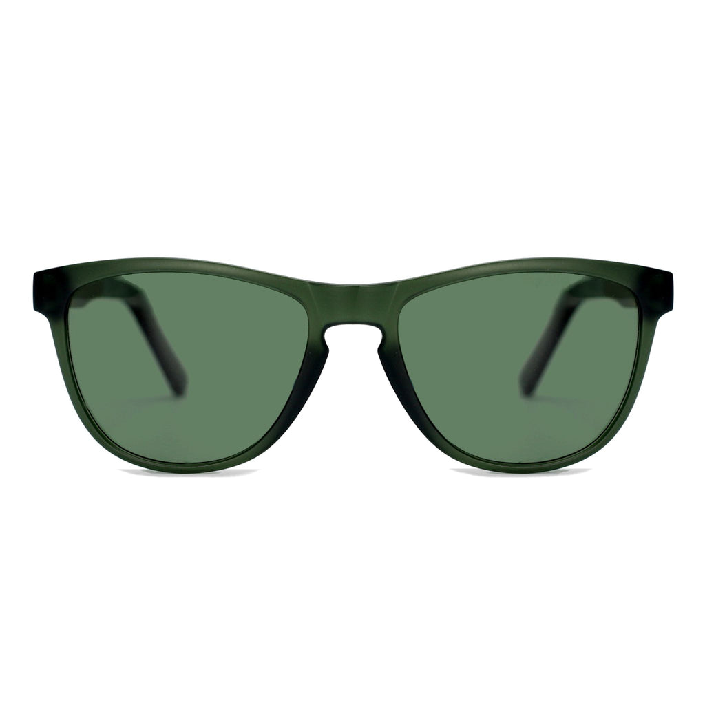 Spektura Sunglasses with green lenses, green frame and wooden arms by Spek Eyewear.