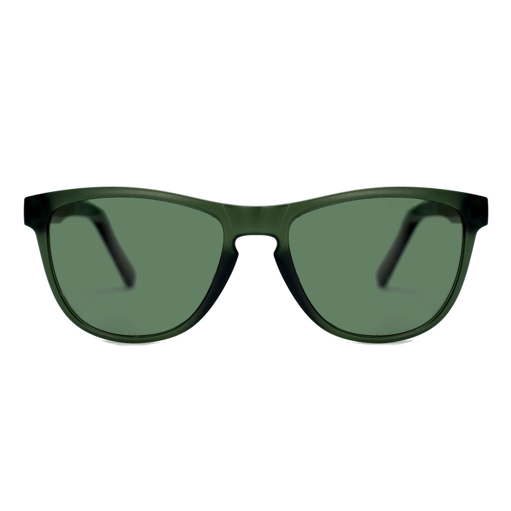 Spektura Sunglasses with green lenses, green frame and wooden arms by Spek Eyewear.