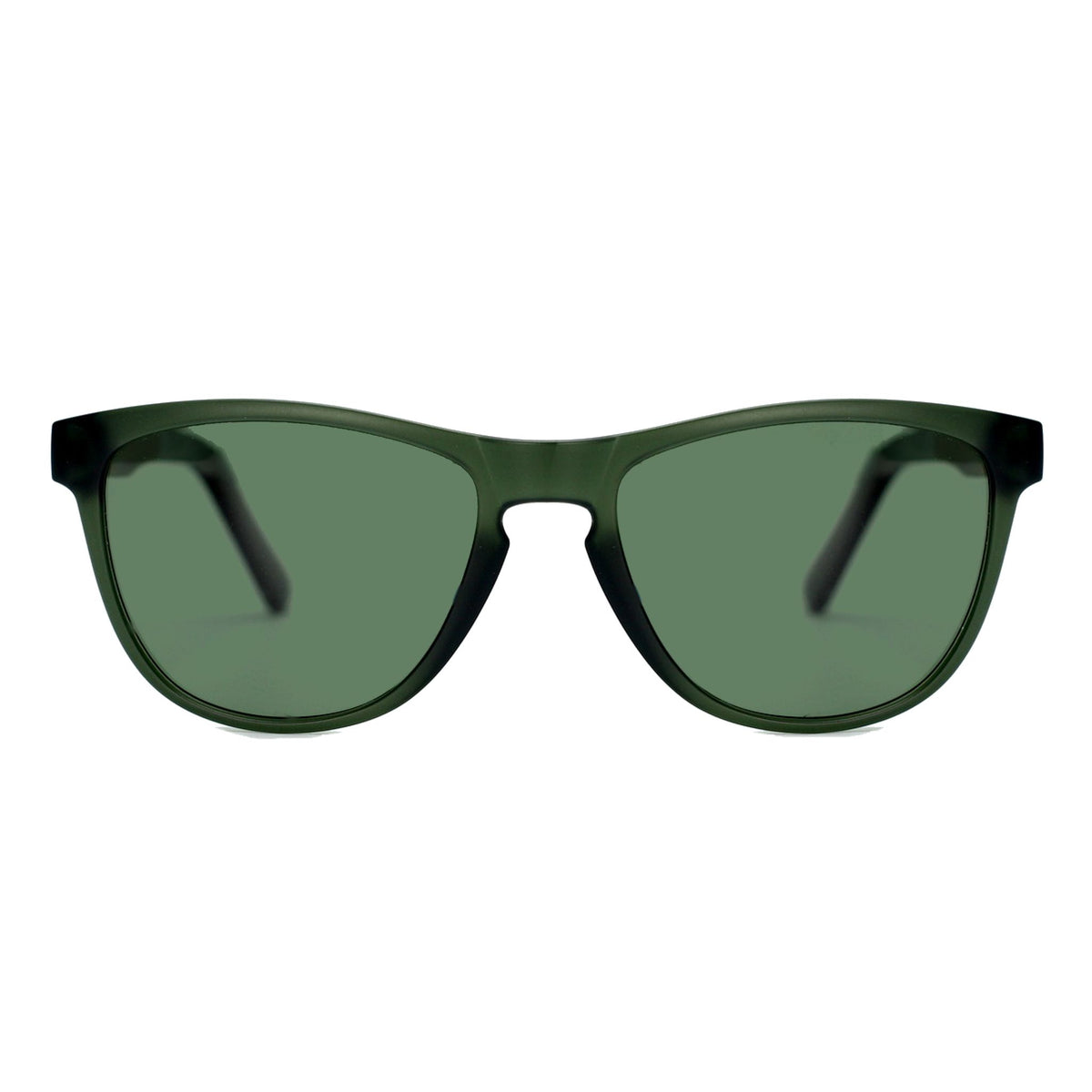 Spektura Sunglasses with green lenses, green frame and wooden arms by Spek Eyewear.