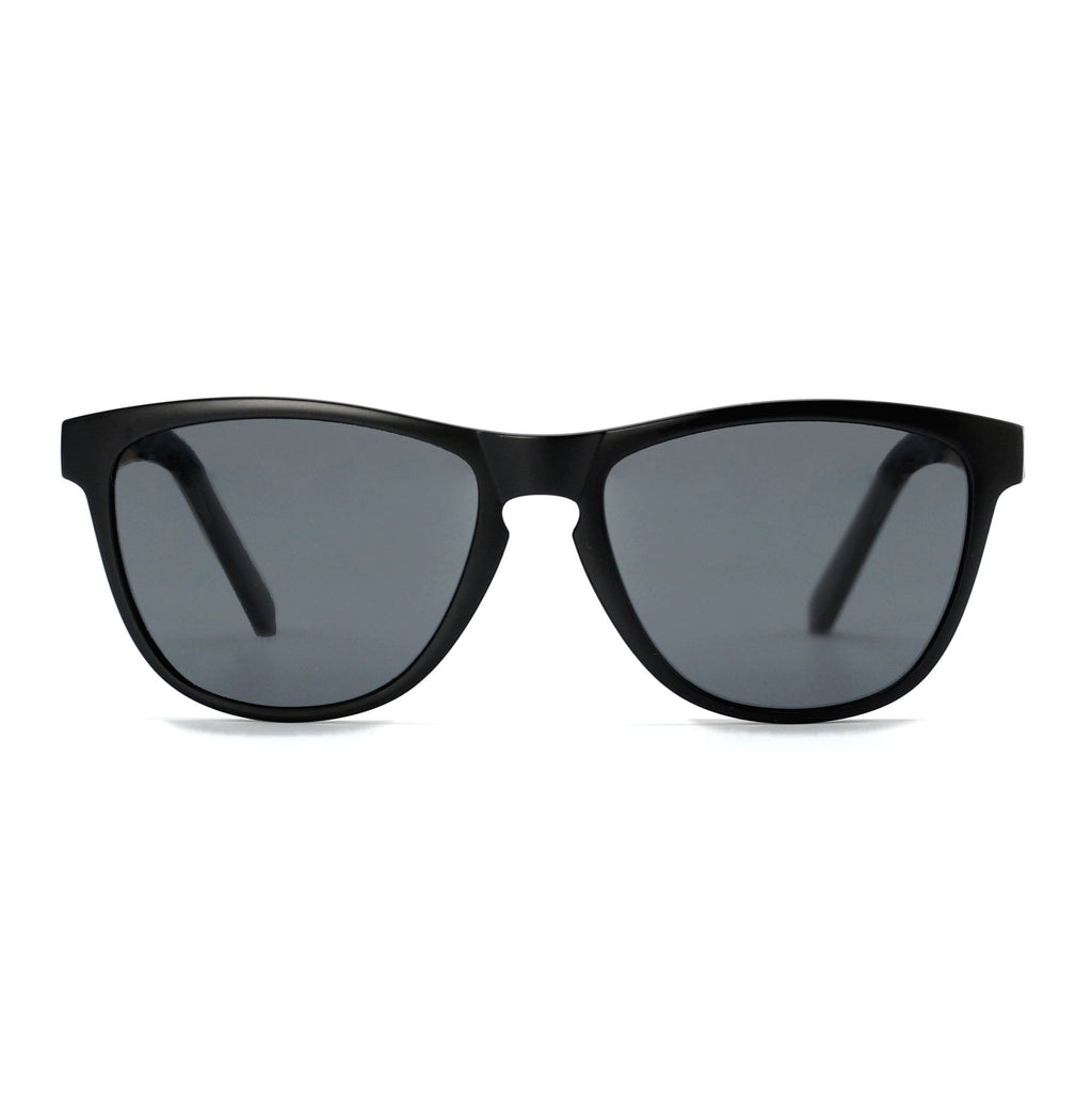 Spektura Sunglasses with grey lenses, black frame and wooden arms by Spek Eyewear.