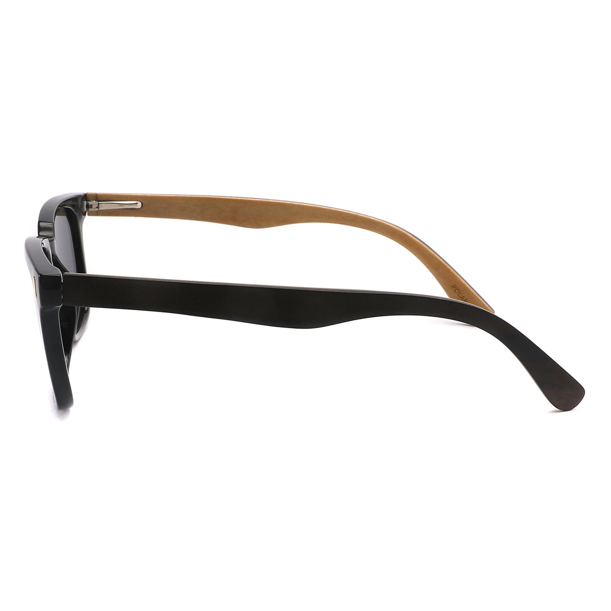 Spekulate Sunglasses with grey lenses, black frame and wooden arms by Spek Eyewear.