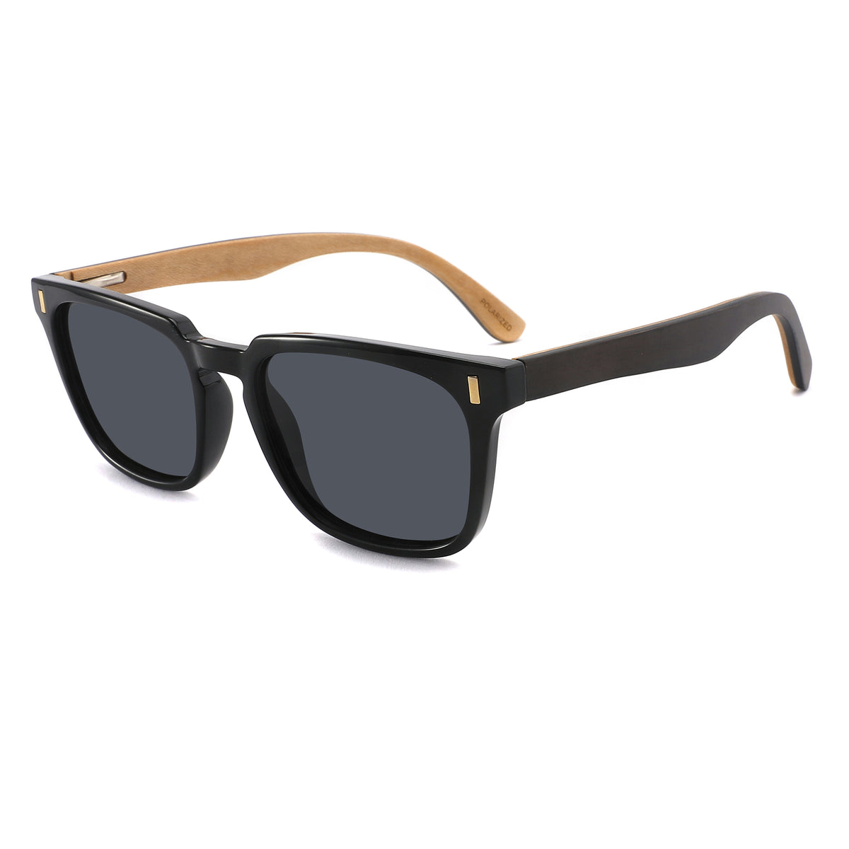 Spekulate Sunglasses with grey lenses, black frame and wooden arms by Spek Eyewear.