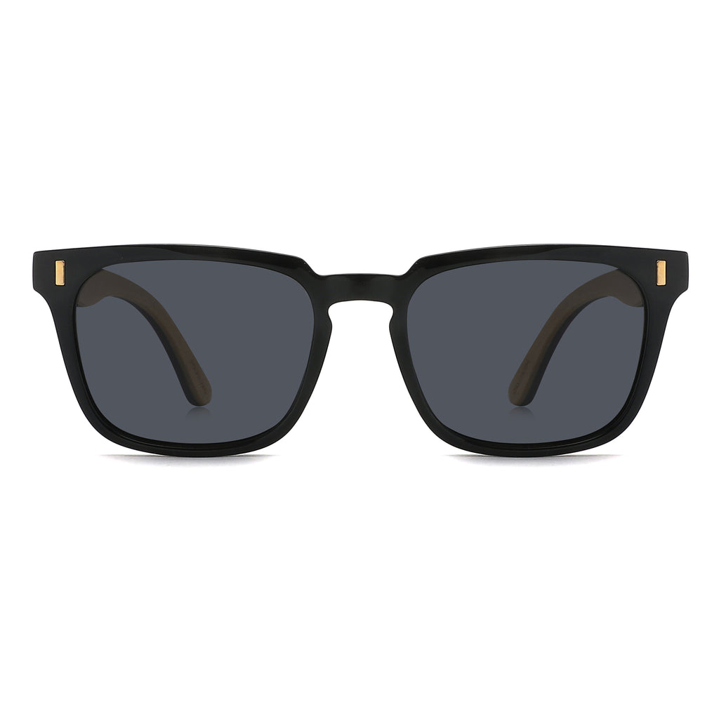 Spekulate Sunglasses with grey lenses, black frame and wooden arms by Spek Eyewear.