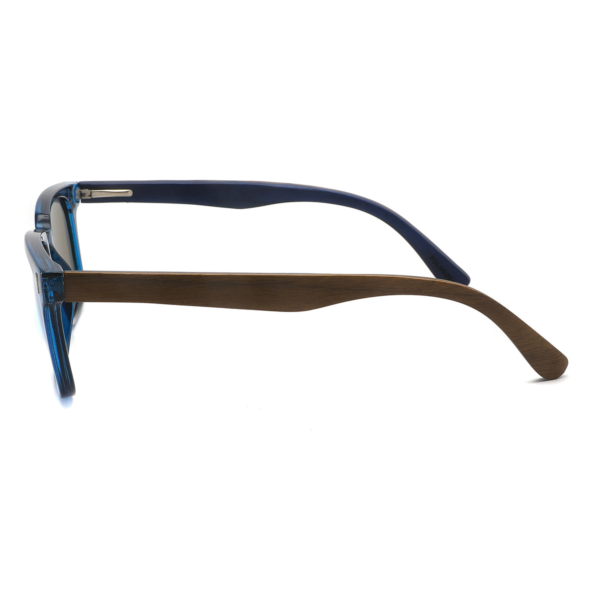 Spekulate Sunglasses with grey lenses, blue frame and wooden arms by Spek Eyewear.