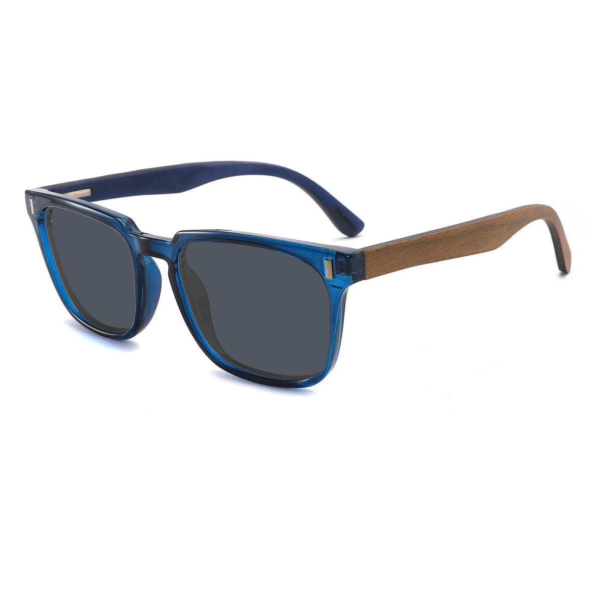Spekulate Sunglasses with grey lenses, blue frame and wooden arms by Spek Eyewear.