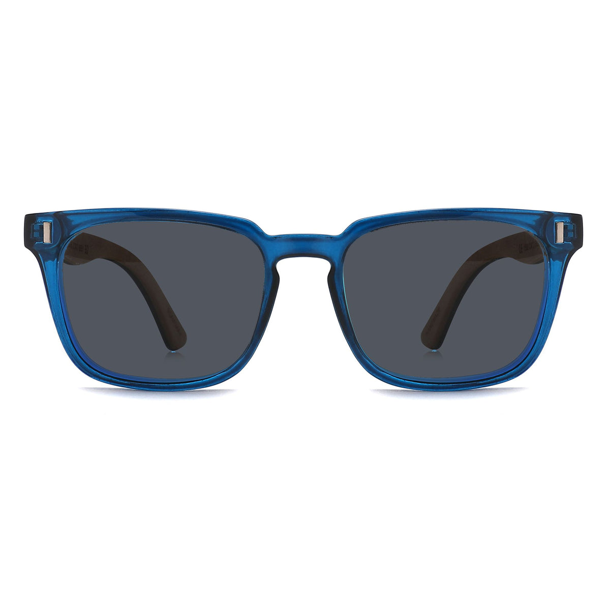 Spekulate Sunglasses with grey lenses, blue frame and wooden arms by Spek Eyewear.