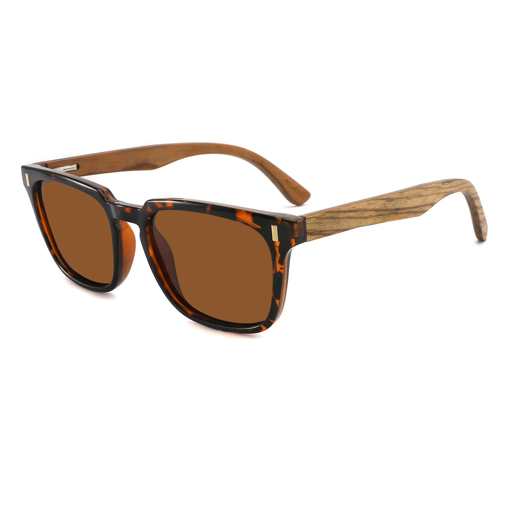 Spekulate Sunglasses with brown lenses, tortoise shell frame and wooden arms by Spek Eyewear.