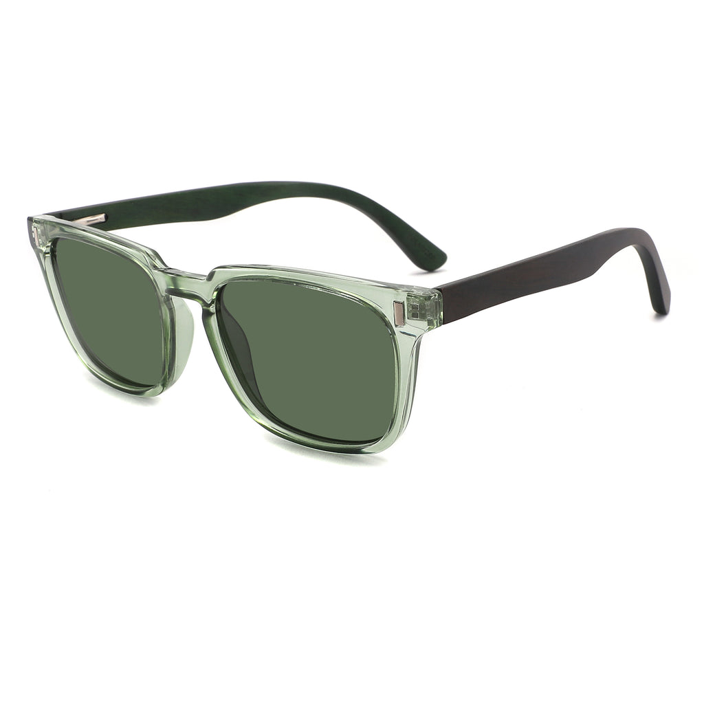 Spekulate Sunglasses with green lenses, green opaque frame and wooden arms by Spek Eyewear.