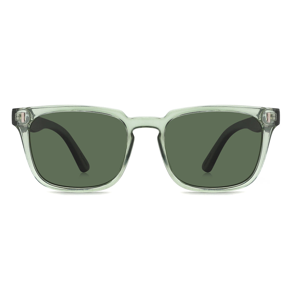 Spekulate Sunglasses with green lenses, green opaque frame and wooden arms by Spek Eyewear.