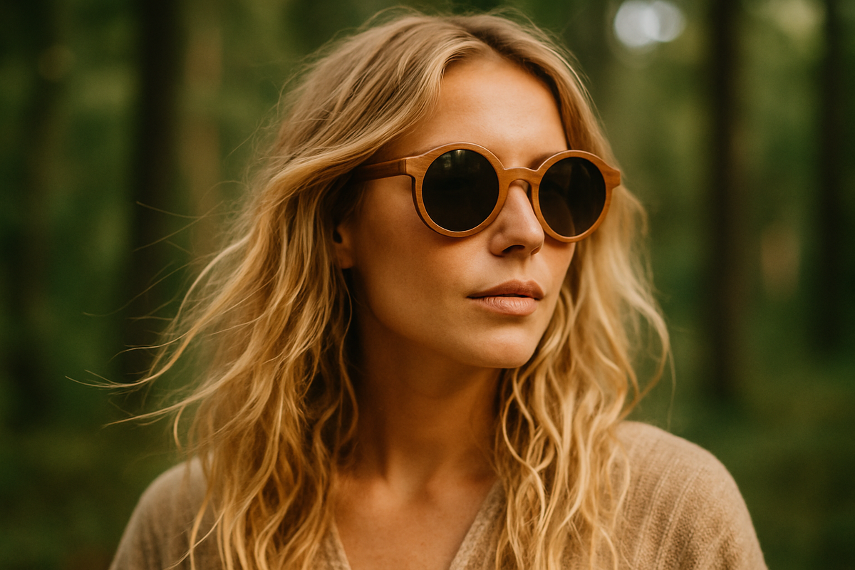 earthy boho type girl with blonde hair wearing a pair of our SPEK wooden sunglasses, round shaped, in a forest type background (blurred) in a banner type size, 3:2 ration